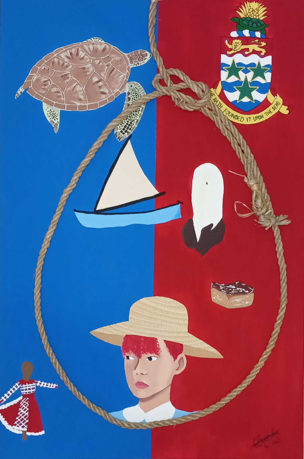 Emancipation Day Cayman Islands 2025 art competition peoples choice image of items ans symbols that represent the cayman islands on a half red and half blue canvas.