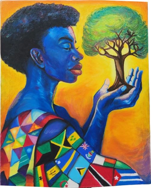 Emancipation Day Cayman Islands 2025 art competition 3rd place image of a person covering in multinational flags holding a tree